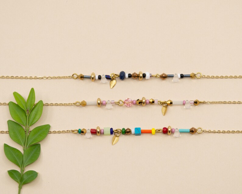 Colorful beaded chain necklace, dainty rainbow choker necklace, gold stainless steel chain necklace, summer layering necklace made in Canada image 7