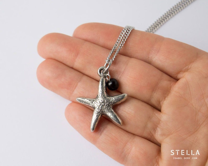 Starfish silver pendant necklace, thick pewter star, 6mm bead, stainless steel chain customize length 15 to 36 in, starfish jewelry for her image 2