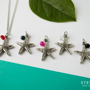 Starfish silver pendant necklace, thick pewter star, 6mm bead, stainless steel chain customize length 15 to 36 in, starfish jewelry for her image 6