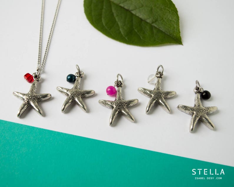 Starfish silver pendant necklace, thick pewter star, 6mm bead, stainless steel chain customize length 15 to 36 in, starfish jewelry for her image 6