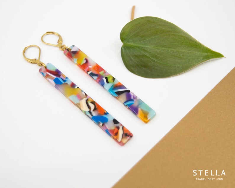 Long colorful rectangle acetate dangle earrings, terrazzo earrings, bold jewelry for women, acetate earrings gold lever back