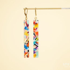 Long colorful rectangle acetate dangle earrings, terrazzo earrings, bold jewelry for women, acetate earrings image 4
