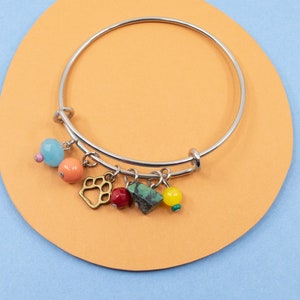 Colorful charm bracelet, stainless steel bangle, dog paw print bracelet, multicolored jewelry for women, silver bangle, dog bangle image 3