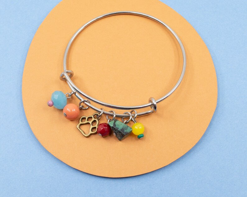 Colorful charm bracelet, stainless steel bangle, dog paw print bracelet, multicolored jewelry for women, silver bangle, dog bangle image 3