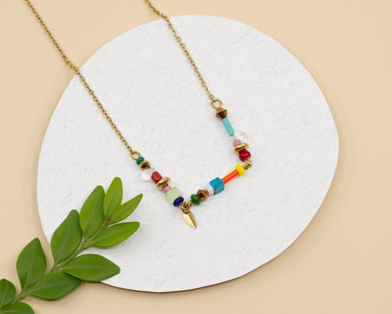 Colorful beaded chain necklace, dainty rainbow choker necklace, gold stainless steel chain necklace, summer layering necklace made in Canada image 3