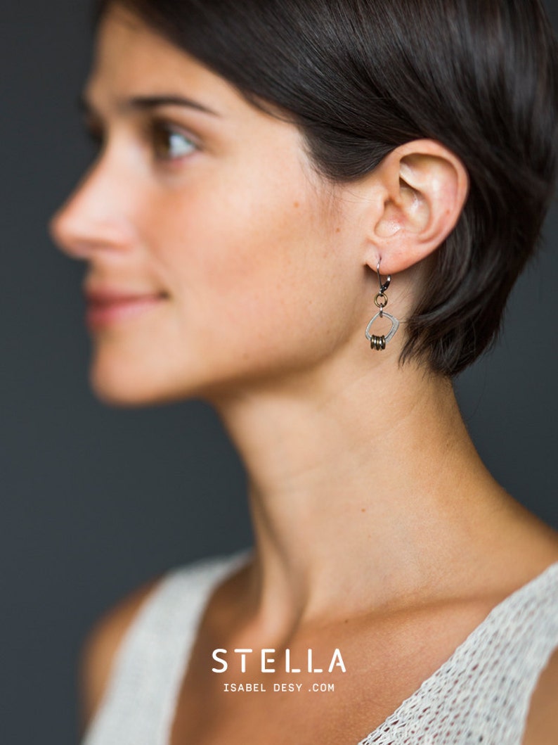 Rectangle silver & brass earrings, pewter earrings, minimalist brass jewelry, hypoallergenic earwires, everyday earrings, made in Canada image 2