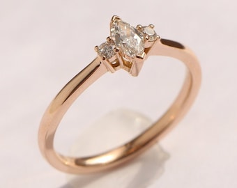 Unique Diamond Engagement Ring, 14K Gold Ring, Solid Gold Ring, Dainty Ring, Promise Ring, Three Diamond Ring, Marquise Diamond, Thin Ring