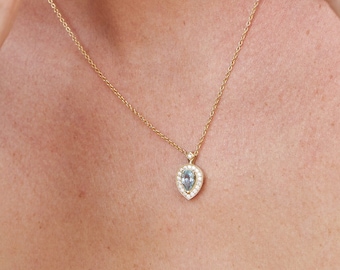 Pear shaped aquamarine and diamond necklace white or yellow 14K gold, Halo pendant