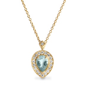 Pear shaped aquamarine and diamond necklace white or yellow 14K gold, Halo pendant image 2