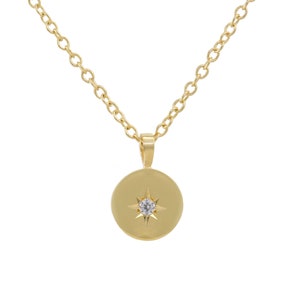 Minimalist Necklace, Tiny Diamond Pendant, Gold Necklace, Gold Chain, Gold Coin Necklace, Gold Medallion, Gold Disc Necklace, 14K Gold