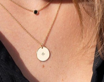 Solid Gold and Diamond Round Disc Necklace