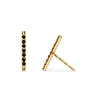 Long Bar Earring, 14K gold Earring, Small Stud, Gold Post, Black Diamonds, Gold Diamond Stud, Dainty Earring, Everyday Earring