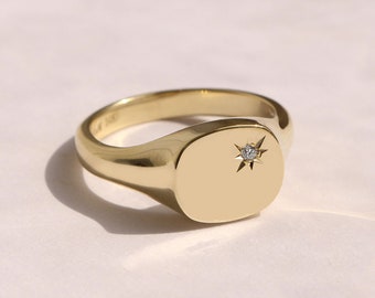 Diamond Ring, Signet Ring, 14K Gold Ring, Solid Gold Ring, Gold Signet, Simple Ring, Husband Ring, Women Birthday Gift, Tiny Diamond