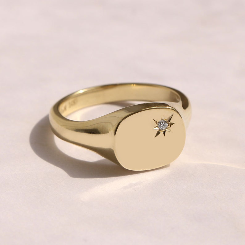 Diamond Ring, Signet Ring, 14K Gold Ring, Solid Gold Ring, Gold Signet, Simple Ring, Husband Ring, Women Birthday Gift, Tiny Diamond image 1