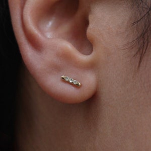 14K Solid Gold Bar set with Aquamarine Blue Earring