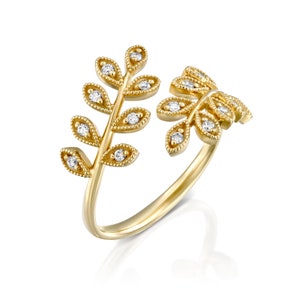 Leaf Ring, white diamonds, Wreath shaped Ring, Dainty Ring, Diamond Ring, Gold Ring, 14K Gold Ring, Handmade Ring, Wrap ring, Spiral ring