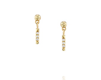 Bar Earring, Minimalist Diamond Earring, Drop Earring, Everyday Earring, Dainty Earring, Gold Post, Tiny Diamond, 14K Tiny Earring, 14K Gold