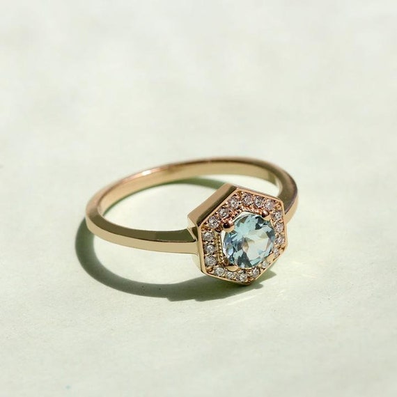 Vintage Ring Halo Ring Aquamarine Engagement Ring Handmade | Etsy