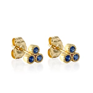 Gold Sapphire Stud Earrings, 14K Gold Earring, Cluster Earring, Tiny Stud Earring, TinySapphire Earring, Minimalist Earring, Trio Tiny Stud