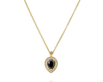 Pear shaped black diamond necklace white or yellow 14K gold, Halo pendant, white diamonds