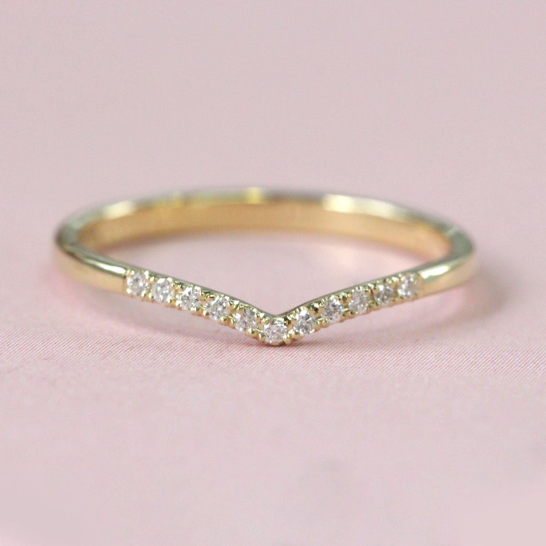 Gold V ring with diamonds, Gold Stacking Ring, Minimalist Wedding Band, Chevron Ring, Thin Gold Ring,V shaped ring, Dainty Wedding Band image 4