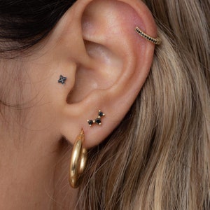 14K Solid gold three black diamonds screw back piercing earring SINGLE EARRING