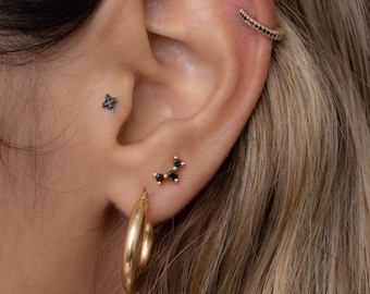 14K Solid gold three black diamonds screw back piercing earring SINGLE EARRING