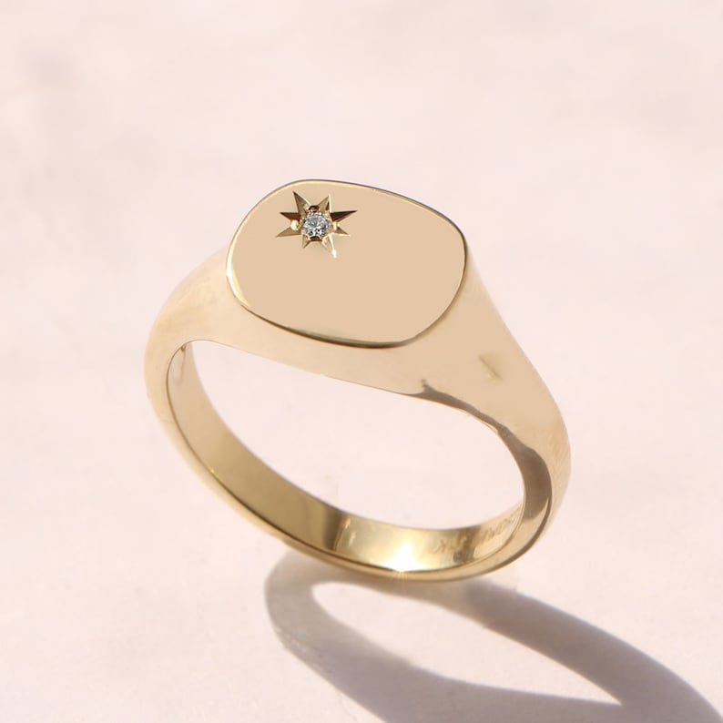 Diamond Ring, Signet Ring, 14K Gold Ring, Solid Gold Ring, Gold Signet, Simple Ring, Husband Ring, Women Birthday Gift, Tiny Diamond image 3