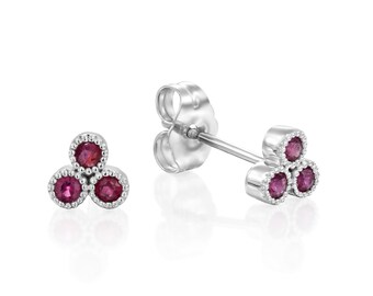 14K Gold Ruby Stud Earrings, Minimalist Trio Cluster