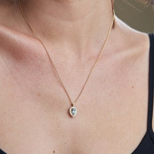 Pear shaped aquamarine and diamond necklace white or yellow 14K gold, Halo pendant image 9