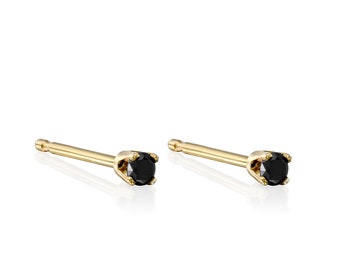 14K Gold Black Diamond Stud Earrings, Minimalist Gold Post