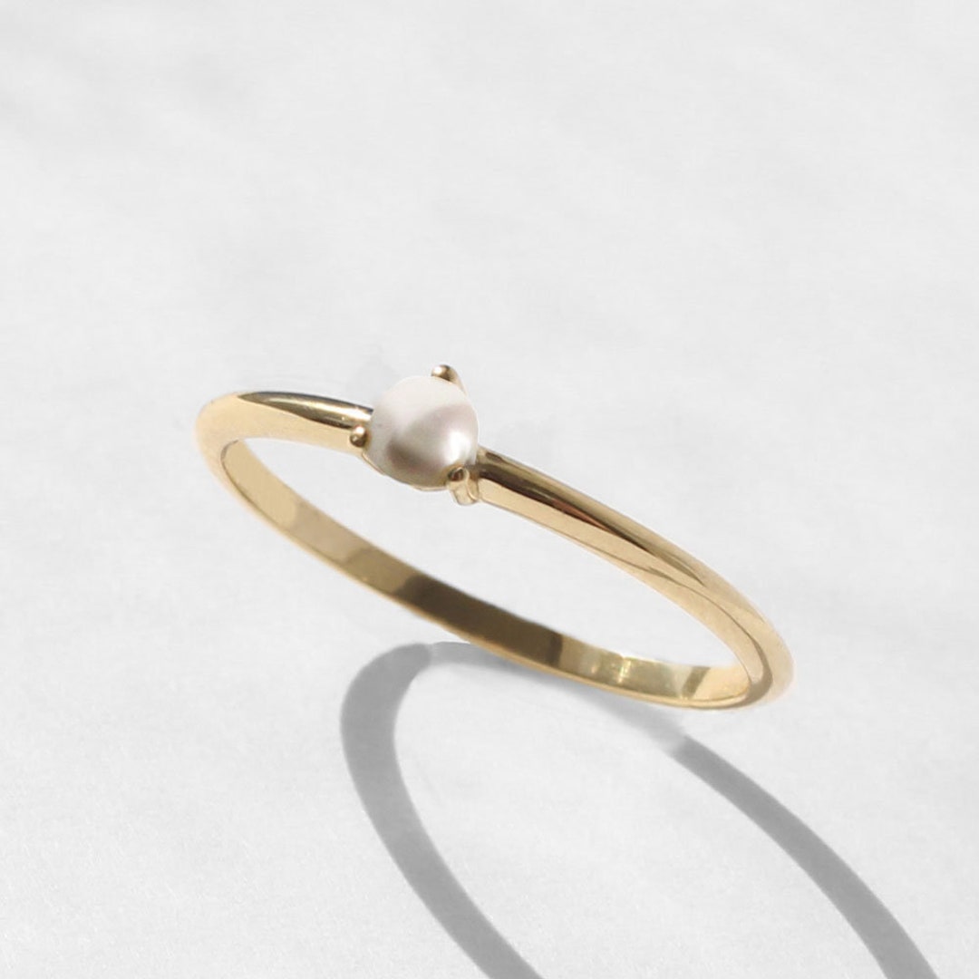 Minimalist Ring, Pearl Engagement Ring, Stacking Ring, 14K Gold ...