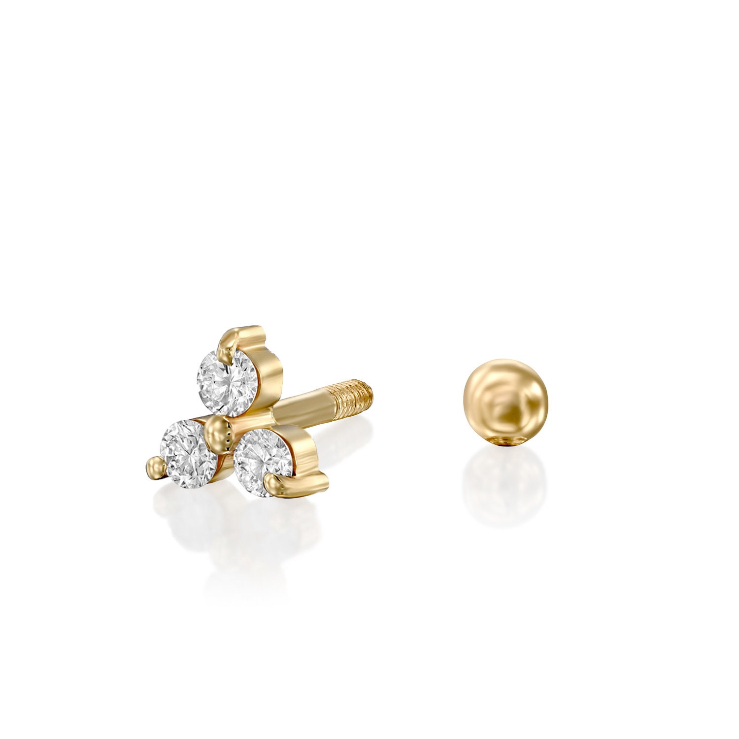 14K Solid Gold Three White Diamond Ear Piercing SINGLE EARRING Etsy