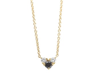 Heart shaped pendant three black and white diamonds 14K white or yellow gold necklace