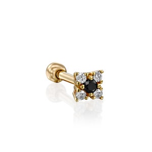 Brinco único de piercing de orelha com cinco diamantes pretos e brancos em ouro maciço 14K