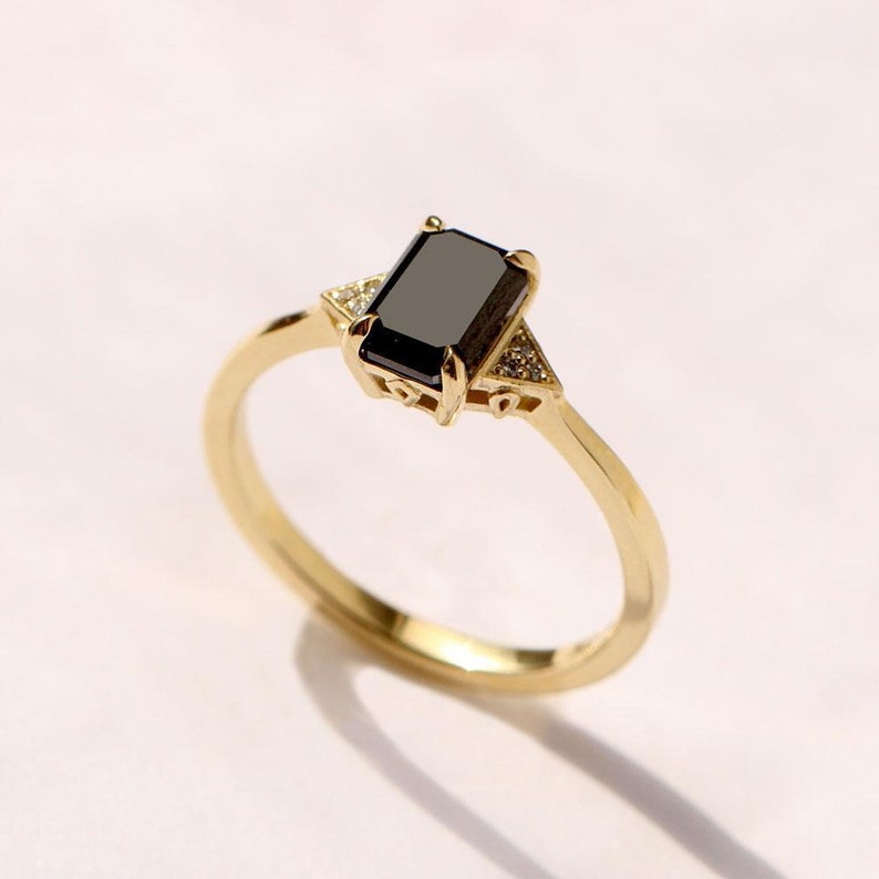 Engagement Ring, Black diamond, 14K Gold, Wedding, Delicate Ring, Emerald cut Diamond Ring, Promise Ring, Unique Diamond Ring, Elegant Ring image 1