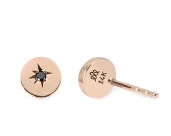 14K Gold Tiny Black Diamond Stud Earrings, Minimalist Style