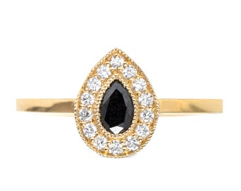 Anillo de halo de diamantes negros grande en forma de pera, anillo de compromiso único de 14K, anillo de compromiso hecho a mano, anillo de promesa, anillo de oro sólido, anillo de halo