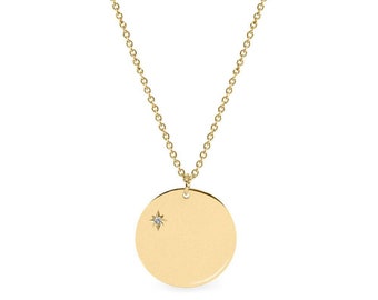 Diamond Necklace, Gold Disc Necklace, Tiny Diamond Pendant, Gold Diamond Necklace, Gold Coin Necklace, Engraved Necklace, Medallion Necklace