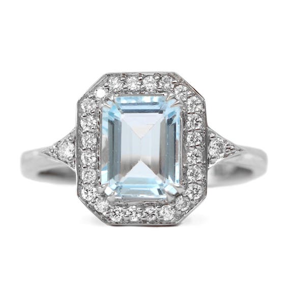 Aquamarine Ring, 14K Unique Engagement Ring, Handmade Engagement Ring, Promise Ring, Solid Gold Ring, Halo Ring, Birthstone Ring, March Ring
