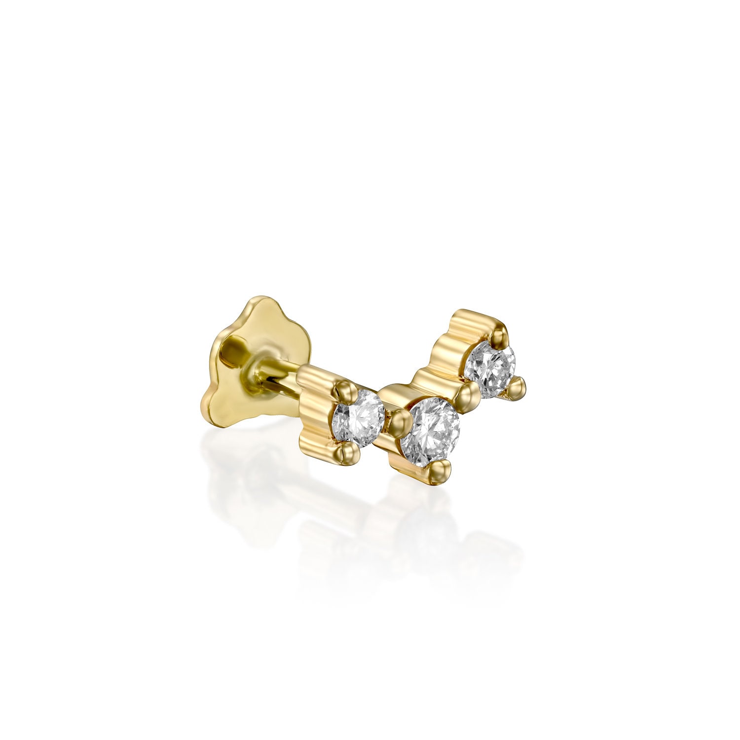 14K Solid Gold Three white diamond piercing earring SINGLE EARRING