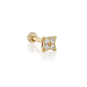 Brinco único de piercing de orelha em estrela de quatro diamantes em ouro maciço 14K