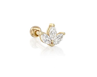 14K solid gold three marquise Diamond flower ear piercing SINGLE EARRING