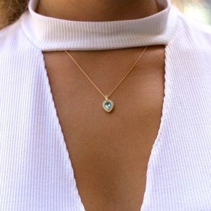 Pear shaped aquamarine and diamond necklace white or yellow 14K gold, Halo pendant image 3