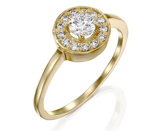 Vintage Gold Diamond Halo Ring, Handmade Gold Diamond Ring, Handmade Engagement Ring, Wedding Ring, 14K Gold Ring, Dainty Ring, Diamond ring