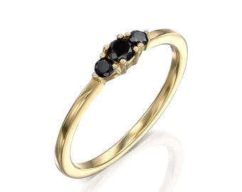 Schwarzer Diamant alternativer Verlobungsring, Gold 3 Diamanten Verlobungsring für Frauen, ungewöhnliche Verlobungsringe