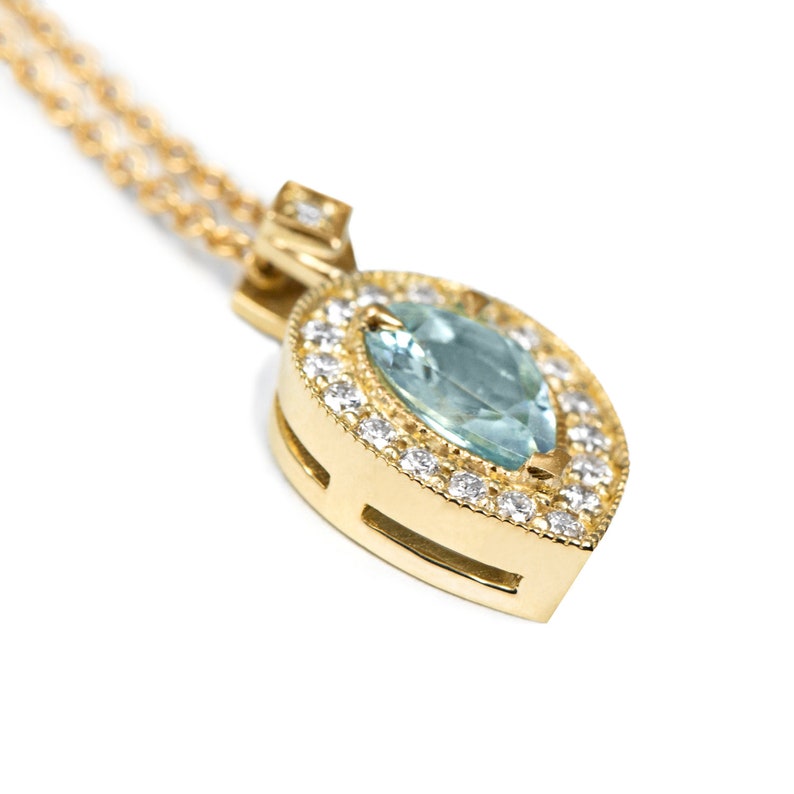 Pear shaped aquamarine and diamond necklace white or yellow 14K gold, Halo pendant image 6