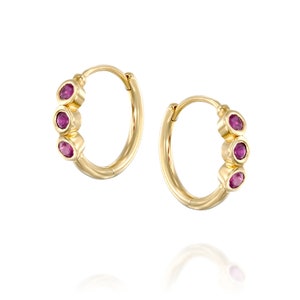 Gold Hoop Earring, Hoop with Ruby, Ruby piercing Earring, Tiny hoop Earring, Tiny Ruby Earring, Minimalist Earring, Hoop piercing