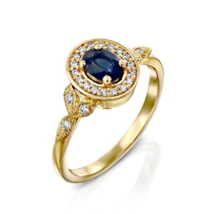 Diamond Gold Engagement Ring, Sapphire Diamonds Ring, Halo Diamond Ring, 18K