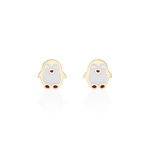 May include: A pair of gold penguin stud earrings with white enamel and red accents. The penguins are smiling.